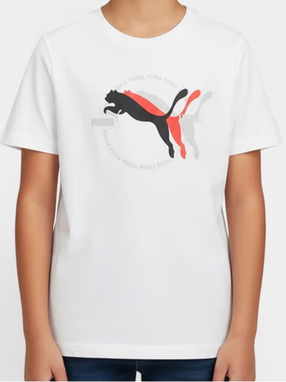 Unisex Puma White Tee with Black, Red & Gray Leaping Cat Graphic